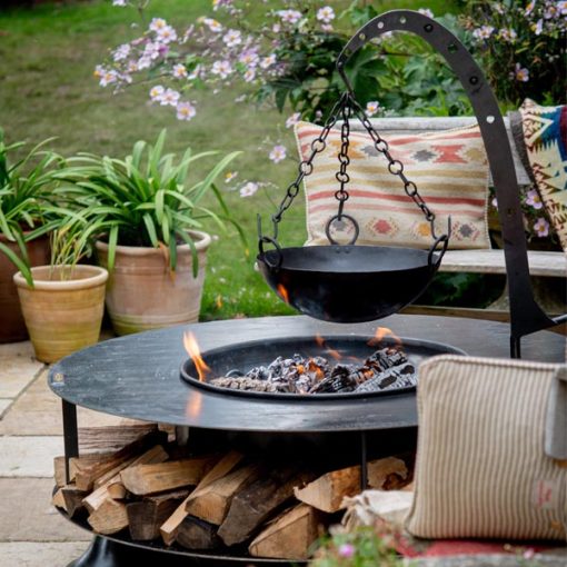 Flat Ring of Logs 120 Lit on patio with Hanging Arm and Bowl - Lifestyle - Firepits UK - LoRes600x600 486