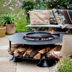 Flat Ring of Logs 120 with Swing Arm BBQ Rack Lit - Lifestyle - Firepits UK - LoRes600x600 464