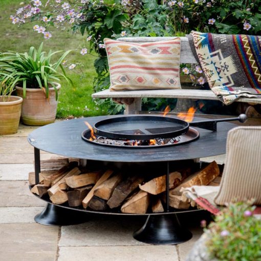 Flat Ring of Logs 120 with Swing Arm BBQ Rack Lit - Lifestyle - Firepits UK - LoRes600x600 464