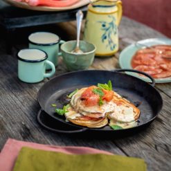 Rhubarb and Custard Pancakes in Skillet Pan - Lifestyle