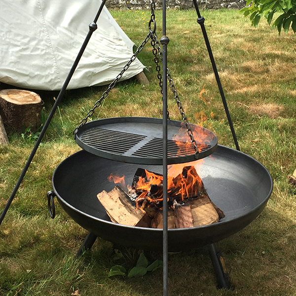 Celeste Fire Pit Lifestyle with Long Leg Tripod at Bell Tents Lifestyle Close Up - Firepits UK - Lo Res