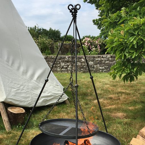 Celeste Fire Pit Lifestyle with Long Leg Tripod at Bell Tents Lifestyle- Firepits UK - Lo Res