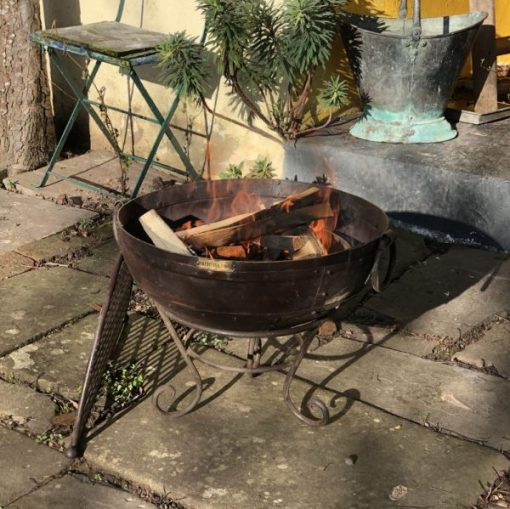 Indian Fire Bowl 60 with Half Moon BBQ RackK Lit Lifestyle - Firepits UK - WEB - Lo Res