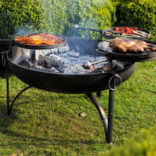 Plain Jane 90 with 3 Swing Arm BBQ Racks Fire Pit Lifestyle Swung out - Firepits UK - WEB - Lo Res