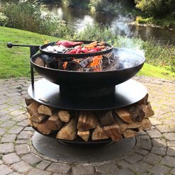 Ring of Logs 90 with Swing Arm BBQ Rack Fire Pit Lit Lifestyle - Firepits UK - WEB - Lo Res