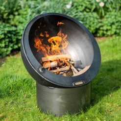 Tilted Sphere 70 Fire Pit with Swing Arm BBQ Rack Lit Lifestyle - Firepits UK - WEB - Lo Res