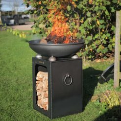 Fire Bowl with Log Store - Lifestyle lit with swing arm in garden - Firepits UK - WEB