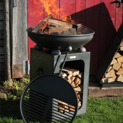 Fire Bowl with Log Store - Lifestyle with swing arm and log store - Firepits UK - Web - Lo Res