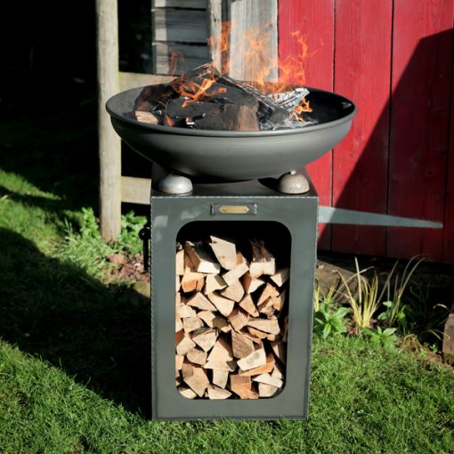 Fire Bowl with Log Store Fire Pit - Lifestyle lit front - Firepits UK - WEB - Lo Res