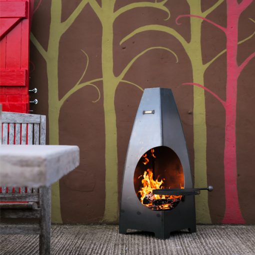 Curve Chiminea with Swing Arm BBQ Rack - Lifestyle lit - Firepits UK - WEB - Lo Res