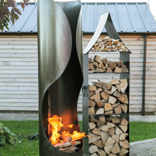 Curve Chiminea with Swing Arm BBQ Rack - Lifestyle with Pagoda Log Store - Firepits UK - WEB - Lo Res