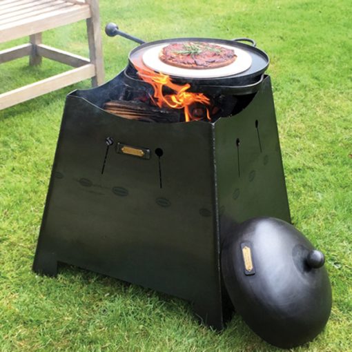 Chiminea 2 in 1 Fire Pit Lit as Fire Pit with Swing Arm BBQ Rack and Skillet Pan with Pizza Lifestyle - Firepits UK - Lo Res 600x600