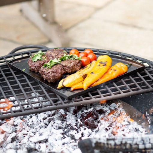 Hot Plate with Burgers and Peppers on Drum Base - Fire Pit - Lifestyle on patio - Firepits UK - High Res31