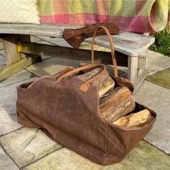 Log Carrier Bag - Lifestyle with logs and gloves - Firepits UK - Lo Res