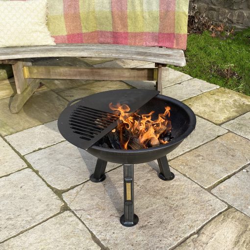 Tri Pit 50 with Half Moon BBQ Plate and Bar - Lifestyle - Firepits UK - High Res