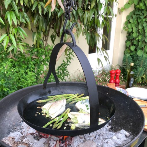 Flat Bottomed Hanging Skillet Pan - Fire Pit - Lifestyle close up with fish and asparagus - Firepits UK - WEB 600x600 - Lo Res