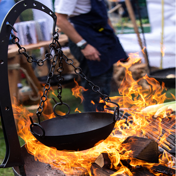 Hanging Arm with Hook - Fire Pit - Lifestyle lit with cooking bowl - Firepits UK - WEB 600x600 - Lo Res