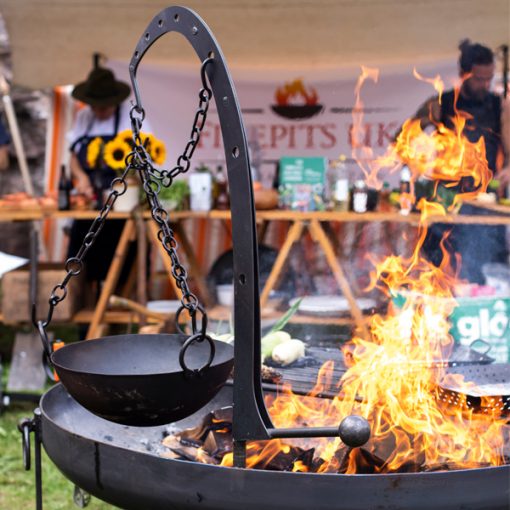 Hanging Arm with Hook - Fire Pit - Lifestyle lit with hanging bowl - Firepits UK - WEB 600x600 - Lo Res