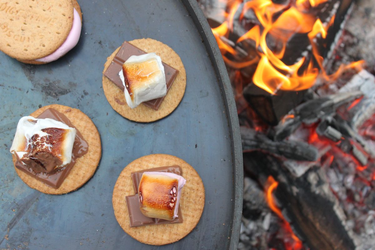 S'mores on Swing Arm BBQ Rack with Flaming FirePit Lifestyle - Firepits UK - LoRes