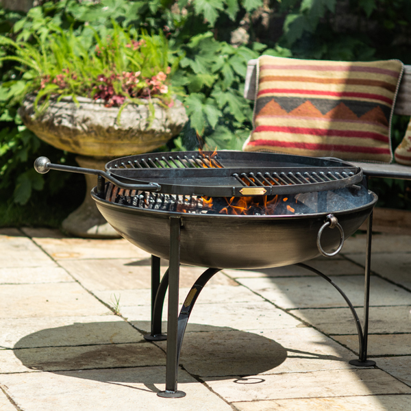 BBQ King 80 with Two Swing Arm BBQ Racks - Fire Pit - Lifestyle on patio - Firepits UK - WEB 600x600 - Lo Resjpg