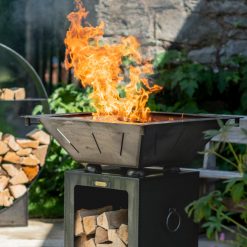 Box Tower with Log Store - Firepit - Lifestyle lit with food - Firepits UK - WEB 600x600 - Lo Res2
