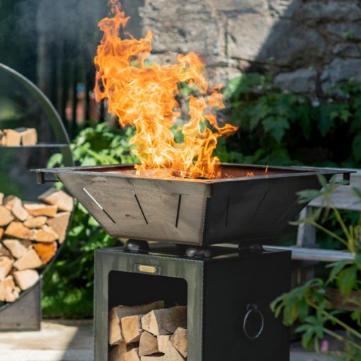 Box Tower with Log Store - Firepit - Lifestyle lit with food - Firepits UK - WEB 600x600 - Lo Res2