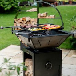 Box Tower with Log Store - Firepit - Lifestyle lit with food - Firepits UK - WEB 600x600 - Lo Res3