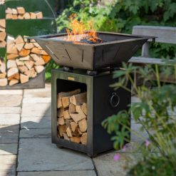 tall square fire pit with storage for logs and cooking accessories