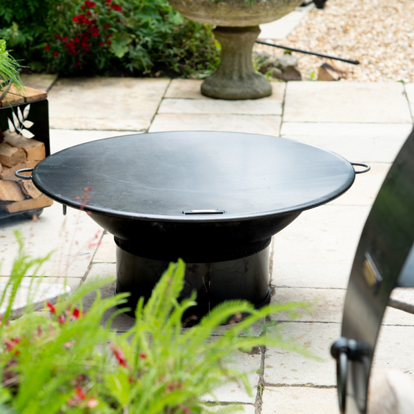Drum Base - Fire Pit - Lifestyle on patio with lid - Firepits UK - WEB 600x600 - Lo Res