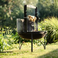 PP - Plain Jane Fire Pit with Wind Shield and Chicken on Rotisserie Lit - Lifestyle - Firepits UK - WEB 600x600 - Lo Res 305