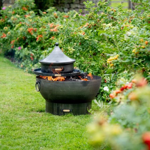 Solex fire pit lit with Swing Arm BBQ Rack and Tagine - Lifestyle - Firepits UK - LoRes600x600 419