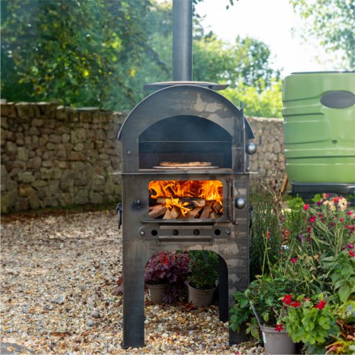 Tall Pizza Oven Lit - Fire Cage open with Pizza - Lifestyle - Firepits UK - LoRes672600x600