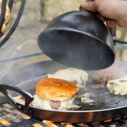 Burger Cloche - over burger with bun in pan - Firepits UK - Lifestyle - LoRes360600x600